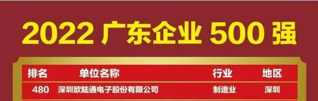 喜訊！歐陸通再次上榜廣東企業(yè)500強(qiáng)